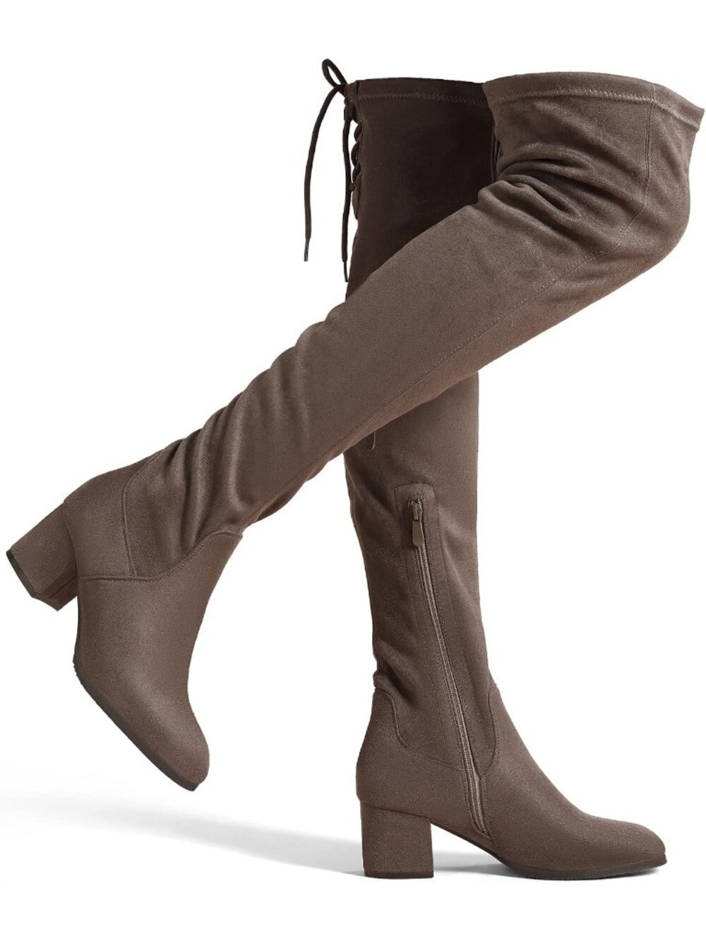 Women's Khaki Faux Suede Chunky Heel Round Toe Over The Knee Thigh High Boots